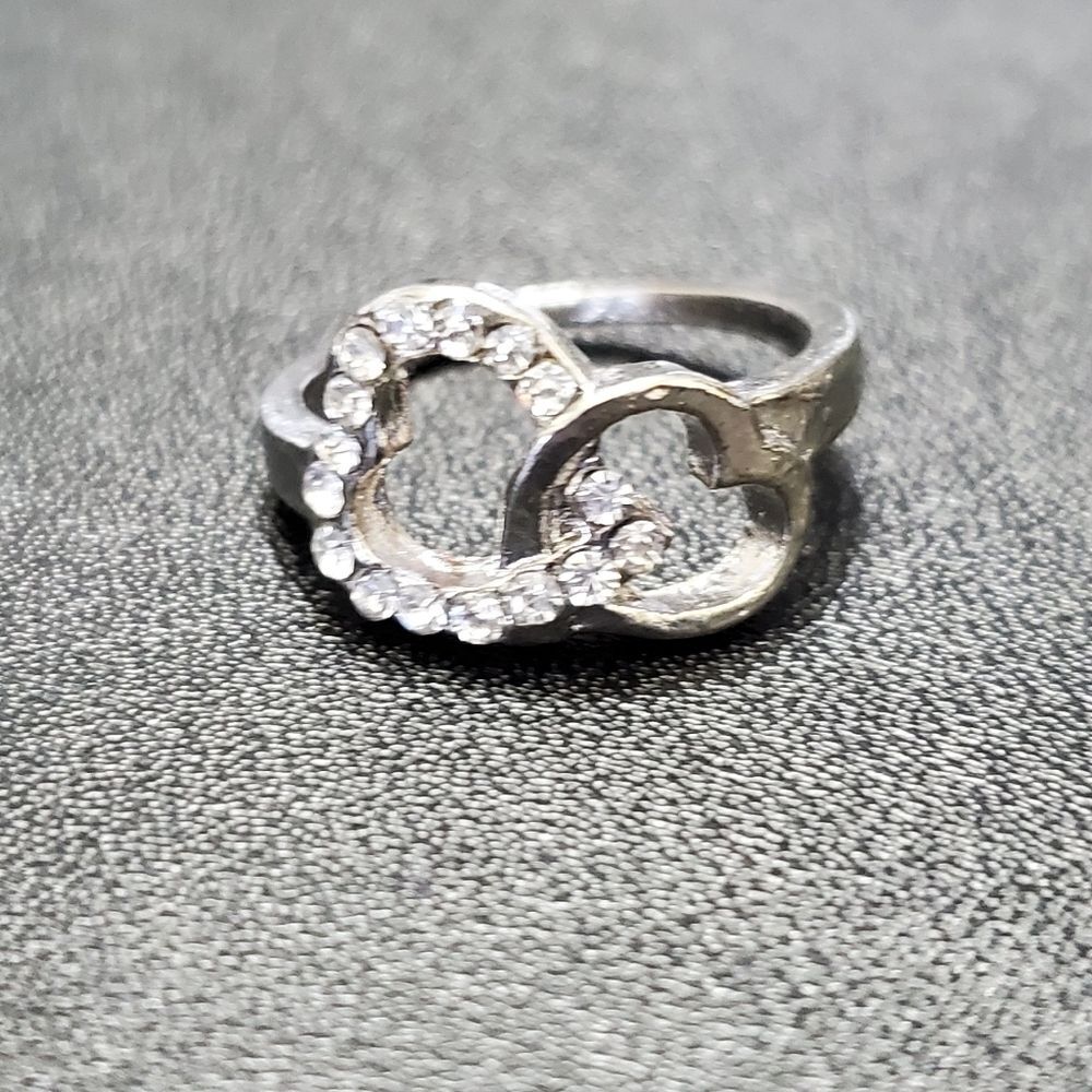 Silver tone double heart rhinestone ring Size 5